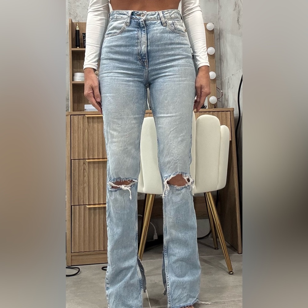 Zara Ultra High Rise Split Hem Light Blue Straight Leg Jeans
